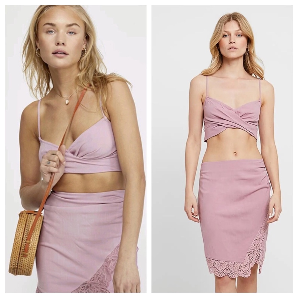 FREE PEOPLE BOHO KNIT MINI SKIRT CAMI TANK CROP TOP BOHEMIAN 2 PIECE SET A3C - Picture 2 of 16